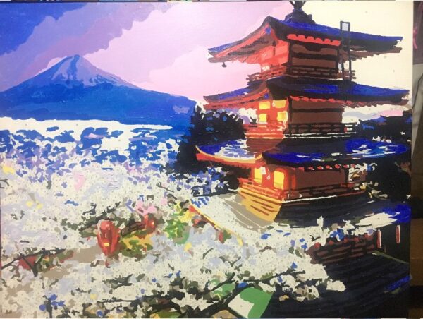 Pintura digital al óleo Ático bajo el Monte Fuji
